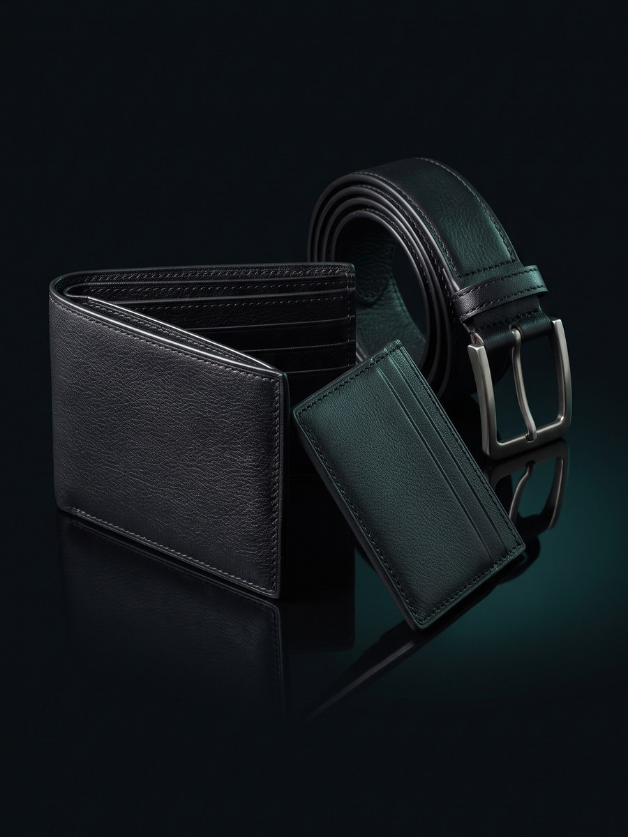 A black calf billfold, a cardholder and a rolled leather belt.